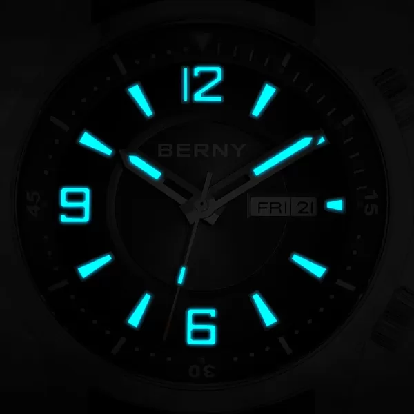 BERNY Diver Watch for Men Automatic Mechanical Wristwatch 20ATM Waterproof Sapphire Crystal Super Luminous Male Watches Stainless Steel StrapBlack