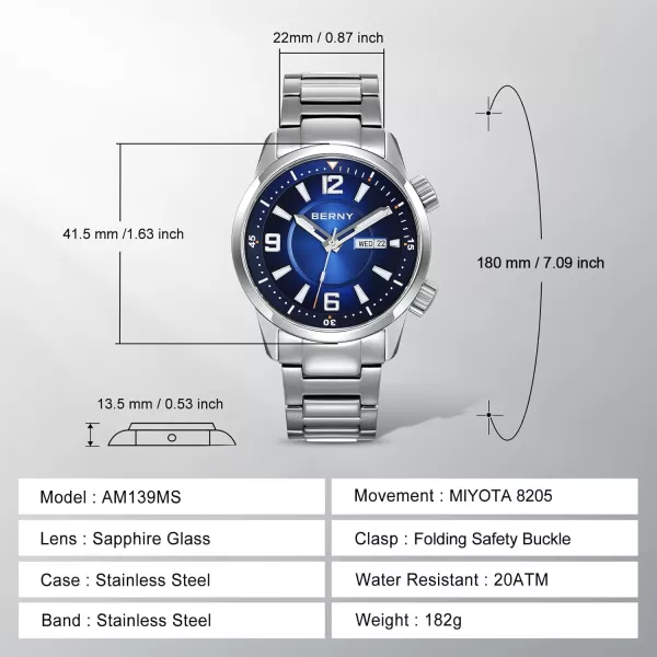 BERNY Diver Watch for Men Automatic Mechanical Wristwatch 20ATM Waterproof Sapphire Crystal Super Luminous Male Watches Stainless Steel StrapBlue