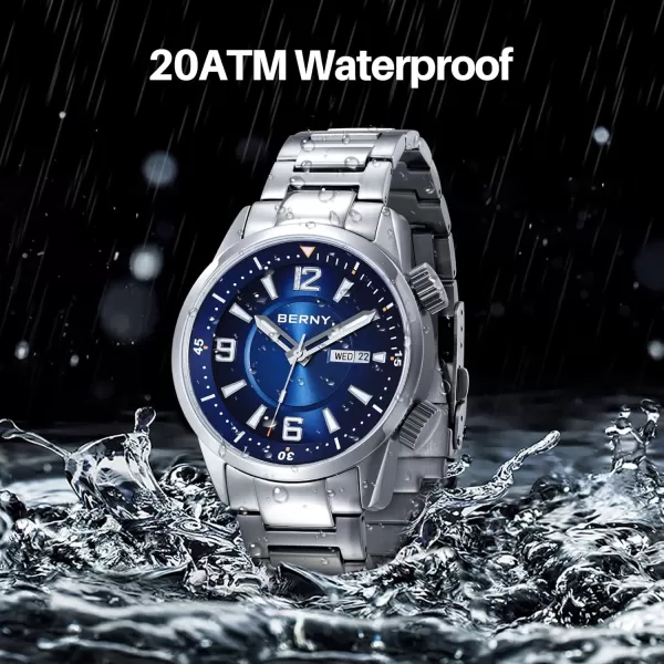 BERNY Diver Watch for Men Automatic Mechanical Wristwatch 20ATM Waterproof Sapphire Crystal Super Luminous Male Watches Stainless Steel StrapBlue