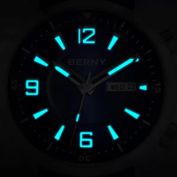 BERNY Diver Watch for Men Automatic Mechanical Wristwatch 20ATM Waterproof Sapphire Crystal Super Luminous Male Watches Stainless Steel StrapBlue