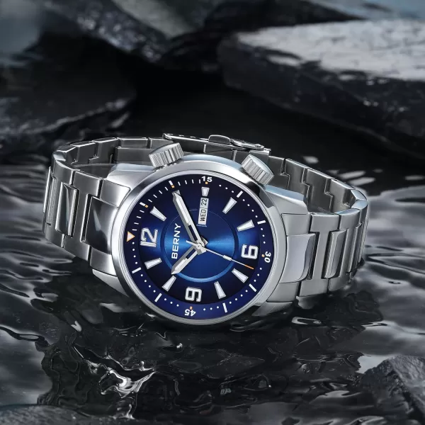 BERNY Diver Watch for Men Automatic Mechanical Wristwatch 20ATM Waterproof Sapphire Crystal Super Luminous Male Watches Stainless Steel StrapBlue