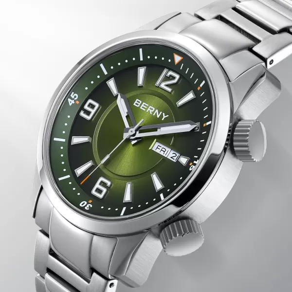 BERNY Diver Watch for Men Automatic Mechanical Wristwatch 20ATM Waterproof Sapphire Crystal Super Luminous Male Watches Stainless Steel StrapGreen