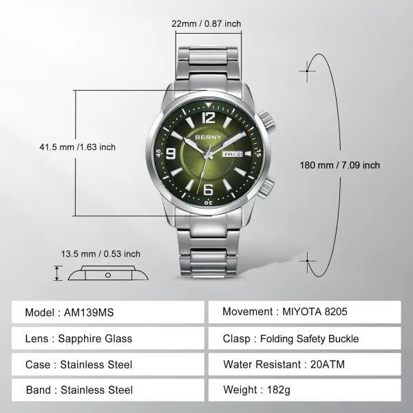 BERNY Diver Watch for Men Automatic Mechanical Wristwatch 20ATM Waterproof Sapphire Crystal Super Luminous Male Watches Stainless Steel StrapGreen