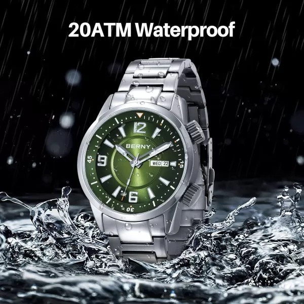 BERNY Diver Watch for Men Automatic Mechanical Wristwatch 20ATM Waterproof Sapphire Crystal Super Luminous Male Watches Stainless Steel StrapGreen