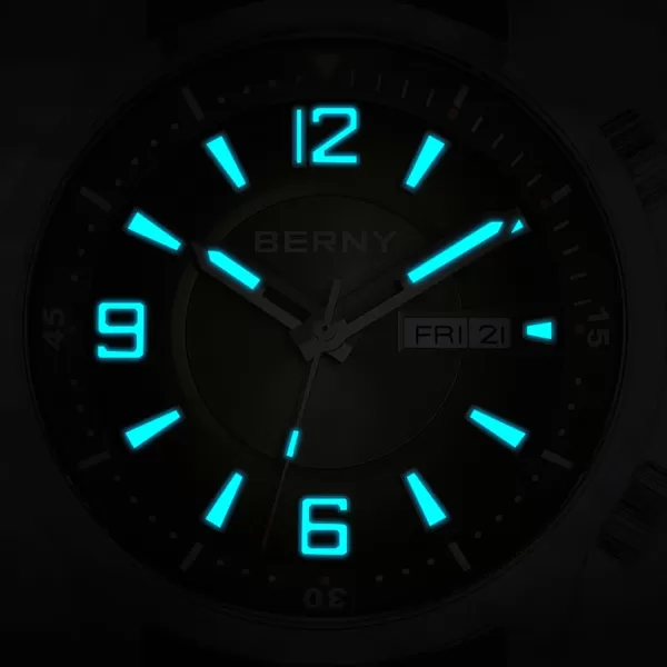 BERNY Diver Watch for Men Automatic Mechanical Wristwatch 20ATM Waterproof Sapphire Crystal Super Luminous Male Watches Stainless Steel StrapGreen