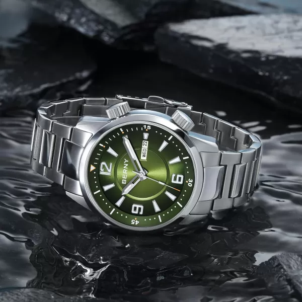 BERNY Diver Watch for Men Automatic Mechanical Wristwatch 20ATM Waterproof Sapphire Crystal Super Luminous Male Watches Stainless Steel StrapGreen