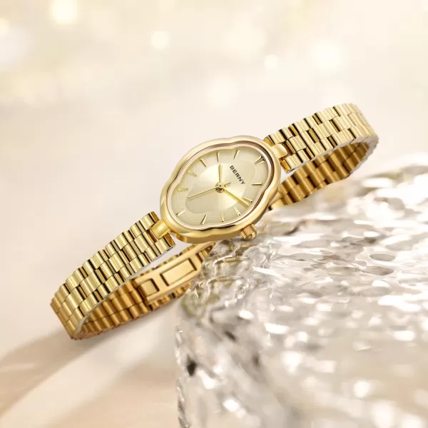 BERNY Gold Watches for Women Dainty Ladies Wristwatch Vintage Copper Mirrors Shape Japanese Quartz Movement 3ATM Waterproof All Stainless Steel Fashion Female Wrist Watch Luxury Birthday GiftsGold