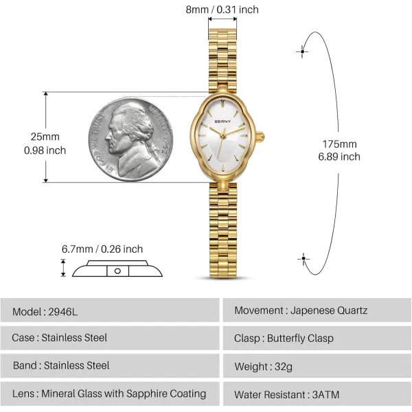 BERNY Gold Watches for Women Dainty Ladies Wristwatch Vintage Copper Mirrors Shape Japanese Quartz Movement 3ATM Waterproof All Stainless Steel Fashion Female Wrist Watch Luxury Birthday GiftsWhite