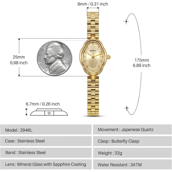 BERNY Gold Watches for Women Dainty Ladies Wristwatch Vintage Copper Mirrors Shape Japanese Quartz Movement 3ATM Waterproof All Stainless Steel Fashion Female Wrist Watch Luxury Birthday GiftsGold