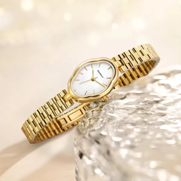 BERNY Gold Watches for Women Dainty Ladies Wristwatch Vintage Copper Mirrors Shape Japanese Quartz Movement 3ATM Waterproof All Stainless Steel Fashion Female Wrist Watch Luxury Birthday GiftsWhite