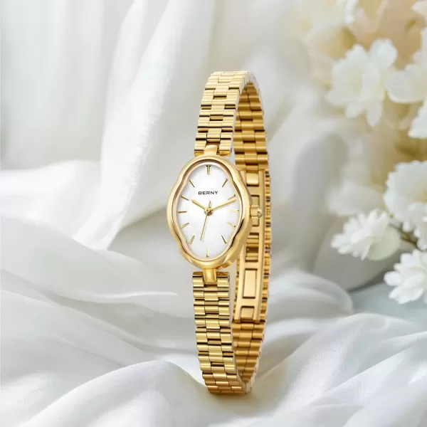 BERNY Gold Watches for Women Dainty Ladies Wristwatch Vintage Copper Mirrors Shape Japanese Quartz Movement 3ATM Waterproof All Stainless Steel Fashion Female Wrist Watch Luxury Birthday GiftsWhite