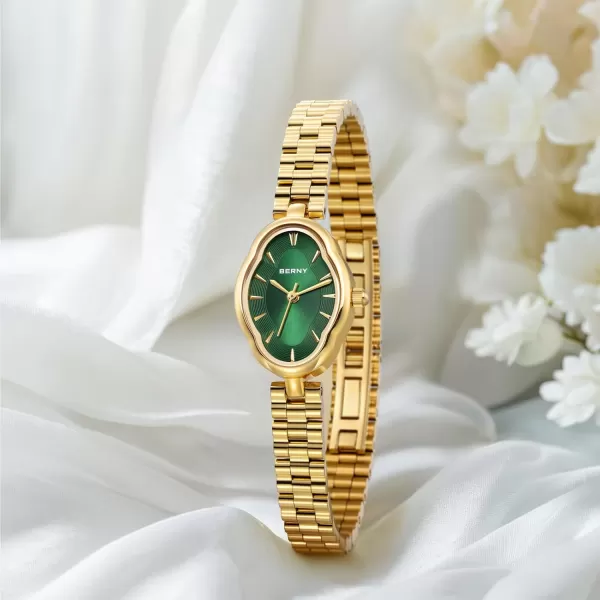 BERNY Gold Watches for Women Dainty Ladies Wristwatch Vintage Copper Mirrors Shape Japanese Quartz Movement 3ATM Waterproof All Stainless Steel Fashion Female Wrist Watch Luxury Birthday GiftsGreen