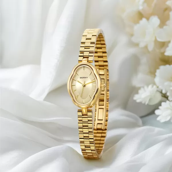 BERNY Gold Watches for Women Dainty Ladies Wristwatch Vintage Copper Mirrors Shape Japanese Quartz Movement 3ATM Waterproof All Stainless Steel Fashion Female Wrist Watch Luxury Birthday GiftsGold