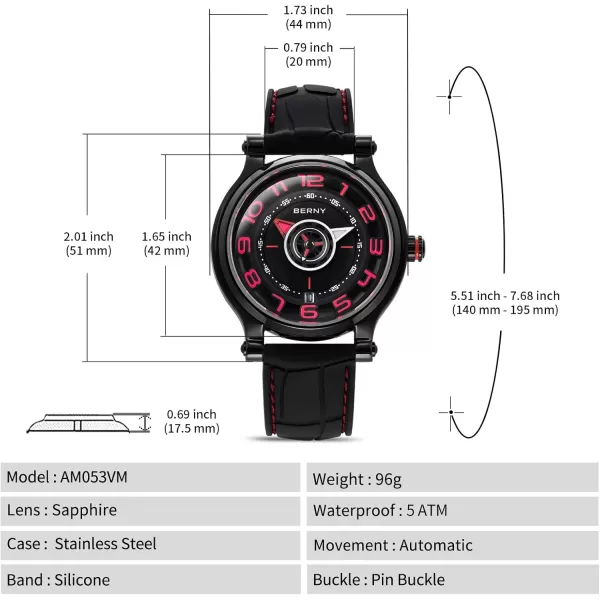 BERNY Mechanical Watch for Men Automatic Movement Miyota 8215 Multifunction Calendar Luminous Hands Exhibition Back Cover 5ATM Waterproofblack case red marker