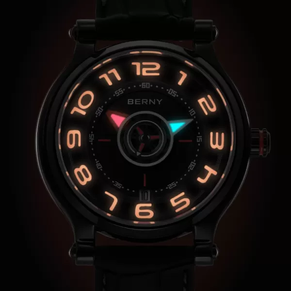 BERNY Mechanical Watch for Men Automatic Movement Miyota 8215 Multifunction Calendar Luminous Hands Exhibition Back Cover 5ATM Waterproofblack case red marker