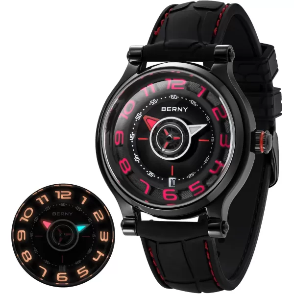 BERNY Mechanical Watch for Men Automatic Movement Miyota 8215 Multifunction Calendar Luminous Hands Exhibition Back Cover 5ATM Waterproofblack case red marker