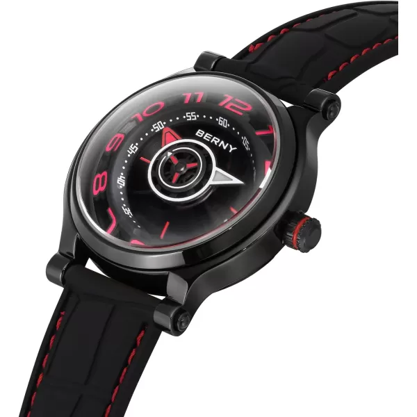 BERNY Mechanical Watch for Men Automatic Movement Miyota 8215 Multifunction Calendar Luminous Hands Exhibition Back Cover 5ATM Waterproofblack case red marker