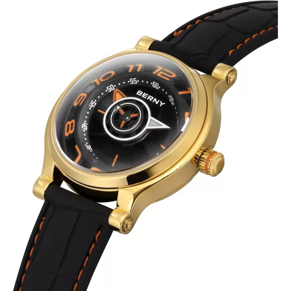 BERNY Mechanical Watch for Men Automatic Movement Miyota 8215 Multifunction Calendar Luminous Hands Exhibition Back Cover 5ATM Waterproofgold case orange marker