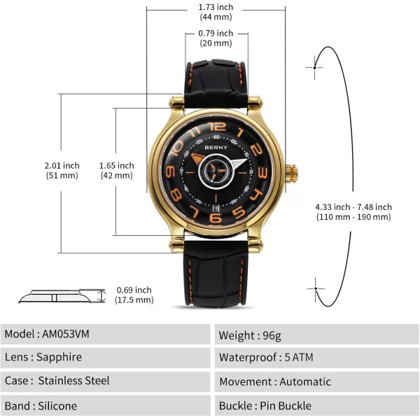 BERNY Mechanical Watch for Men Automatic Movement Miyota 8215 Multifunction Calendar Luminous Hands Exhibition Back Cover 5ATM Waterproofgold case orange marker