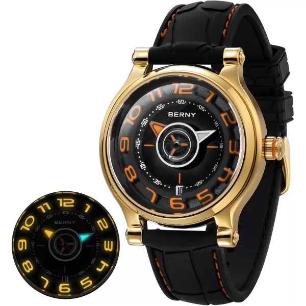 BERNY Mechanical Watch for Men Automatic Movement Miyota 8215 Multifunction Calendar Luminous Hands Exhibition Back Cover 5ATM Waterproofgold case orange marker