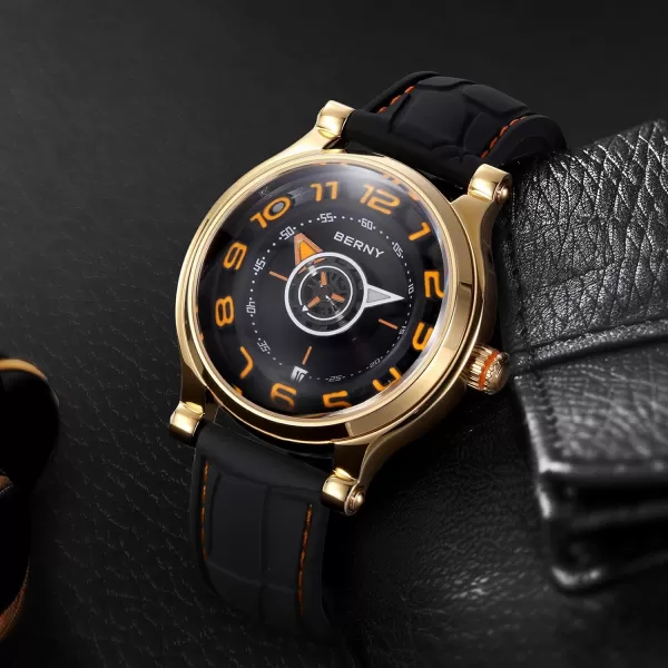 BERNY Mechanical Watch for Men Automatic Movement Miyota 8215 Multifunction Calendar Luminous Hands Exhibition Back Cover 5ATM Waterproofgold case orange marker