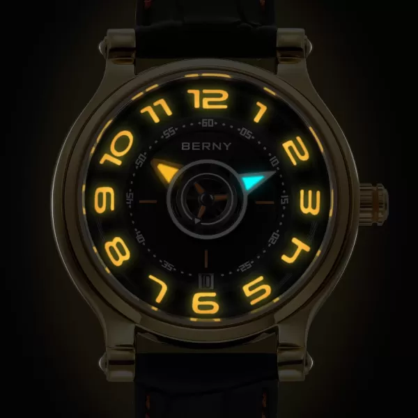 BERNY Mechanical Watch for Men Automatic Movement Miyota 8215 Multifunction Calendar Luminous Hands Exhibition Back Cover 5ATM Waterproofgold case orange marker