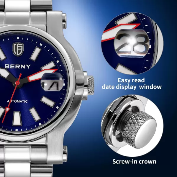 BERNY Men Automatic Watch Watches Sapphire Lens 10ATM Waterpoof Stainless Steel Wristwatch Swimming Diving Watches with Date Aperture Super LuminousBlue