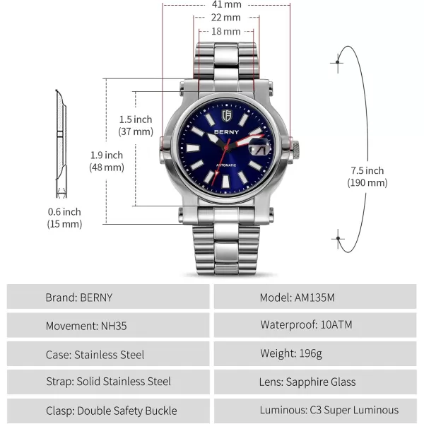 BERNY Men Automatic Watch Watches Sapphire Lens 10ATM Waterpoof Stainless Steel Wristwatch Swimming Diving Watches with Date Aperture Super LuminousBlue