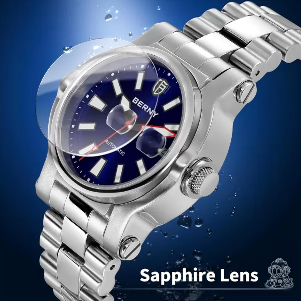 BERNY Men Automatic Watch Watches Sapphire Lens 10ATM Waterpoof Stainless Steel Wristwatch Swimming Diving Watches with Date Aperture Super LuminousBlue