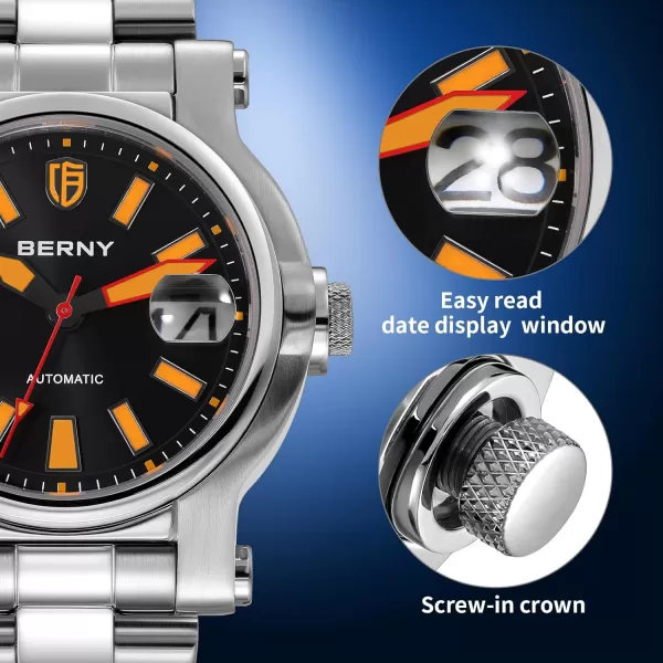 BERNY Men Automatic Watch Watches Sapphire Lens 10ATM Waterpoof Stainless Steel Wristwatch Swimming Diving Watches with Date Aperture Super LuminousBlack