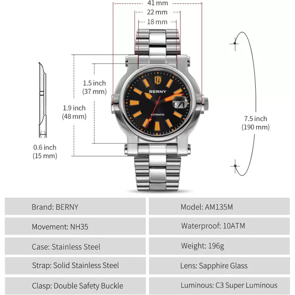 BERNY Men Automatic Watch Watches Sapphire Lens 10ATM Waterpoof Stainless Steel Wristwatch Swimming Diving Watches with Date Aperture Super LuminousBlack