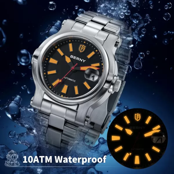 BERNY Men Automatic Watch Watches Sapphire Lens 10ATM Waterpoof Stainless Steel Wristwatch Swimming Diving Watches with Date Aperture Super LuminousBlack