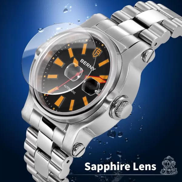 BERNY Men Automatic Watch Watches Sapphire Lens 10ATM Waterpoof Stainless Steel Wristwatch Swimming Diving Watches with Date Aperture Super LuminousBlack