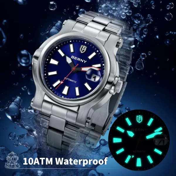 BERNY Men Automatic Watch Watches Sapphire Lens 10ATM Waterpoof Stainless Steel Wristwatch Swimming Diving Watches with Date Aperture Super LuminousBlue