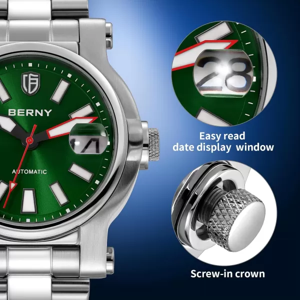 BERNY Men Automatic Watch Watches Sapphire Lens 10ATM Waterpoof Stainless Steel Wristwatch Swimming Diving Watches with Date Aperture Super LuminousGreen