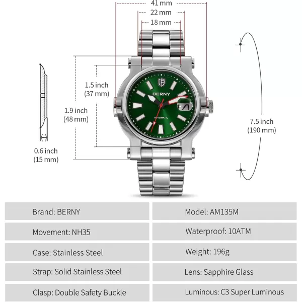 BERNY Men Automatic Watch Watches Sapphire Lens 10ATM Waterpoof Stainless Steel Wristwatch Swimming Diving Watches with Date Aperture Super LuminousGreen