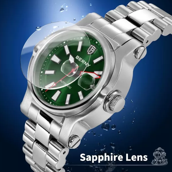 BERNY Men Automatic Watch Watches Sapphire Lens 10ATM Waterpoof Stainless Steel Wristwatch Swimming Diving Watches with Date Aperture Super LuminousGreen