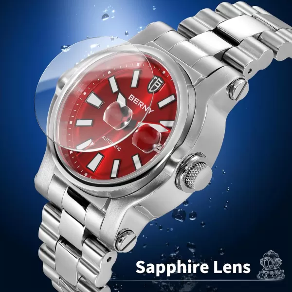 BERNY Men Automatic Watch Watches Sapphire Lens 10ATM Waterpoof Stainless Steel Wristwatch Swimming Diving Watches with Date Aperture Super LuminousRed