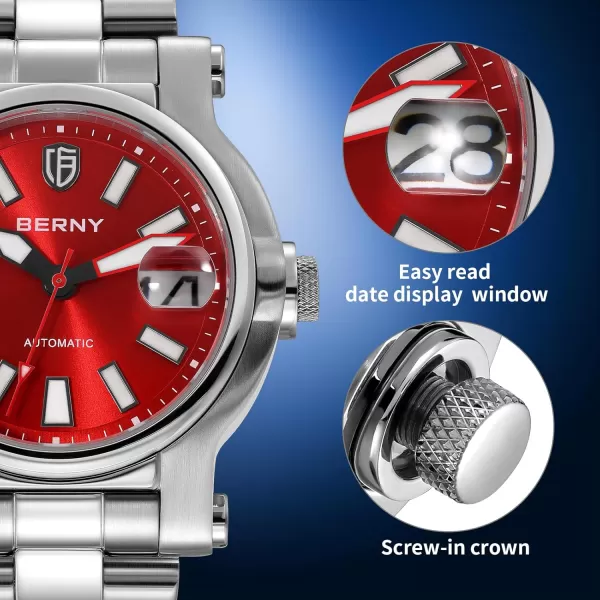 BERNY Men Automatic Watch Watches Sapphire Lens 10ATM Waterpoof Stainless Steel Wristwatch Swimming Diving Watches with Date Aperture Super LuminousRed