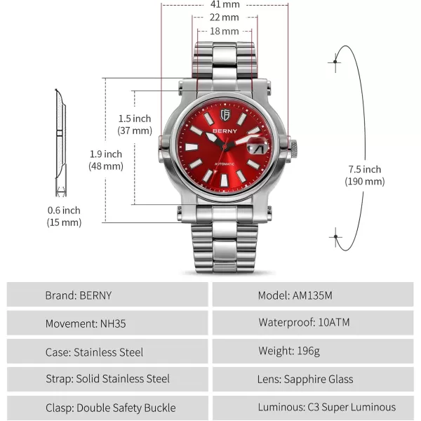 BERNY Men Automatic Watch Watches Sapphire Lens 10ATM Waterpoof Stainless Steel Wristwatch Swimming Diving Watches with Date Aperture Super LuminousRed