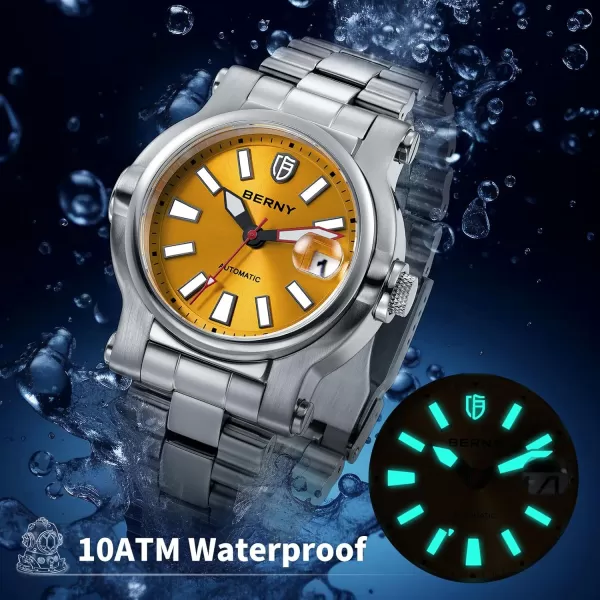 BERNY Men Automatic Watch Watches Sapphire Lens 10ATM Waterpoof Stainless Steel Wristwatch Swimming Diving Watches with Date Aperture Super LuminousYellow