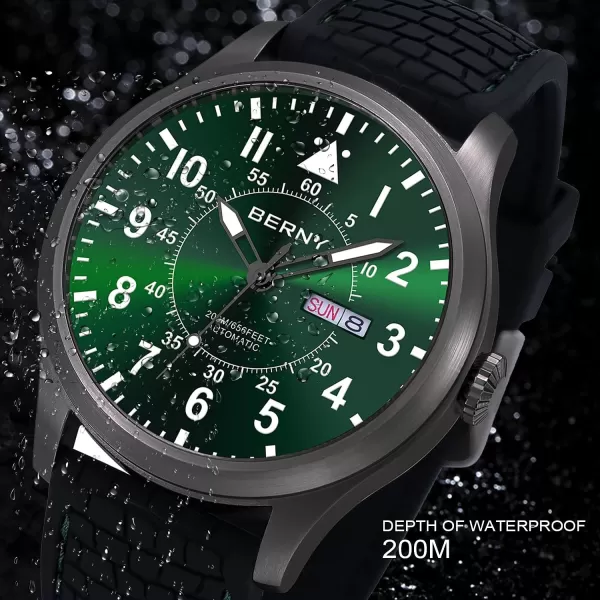 BERNY Mens Automatic Mechanical Watch Self Winding Watches Water Proof 20ATM Sapphire Glass Scratch Resistant Super Luminous with Oversize DialNo Battery RequiredGreen Dial