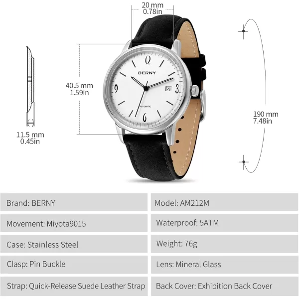 BERNY Mens Automatic Watch Mechanical Wristwatch 5ATM Waterproof Male Dress Watches Manual Winding Watch Calendar Aperture Sunray DailWhite