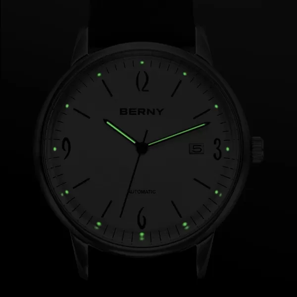 BERNY Mens Automatic Watch Mechanical Wristwatch 5ATM Waterproof Male Dress Watches Manual Winding Watch Calendar Aperture Sunray DailWhite