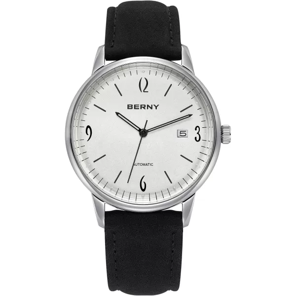 BERNY Mens Automatic Watch Mechanical Wristwatch 5ATM Waterproof Male Dress Watches Manual Winding Watch Calendar Aperture Sunray DailWhite