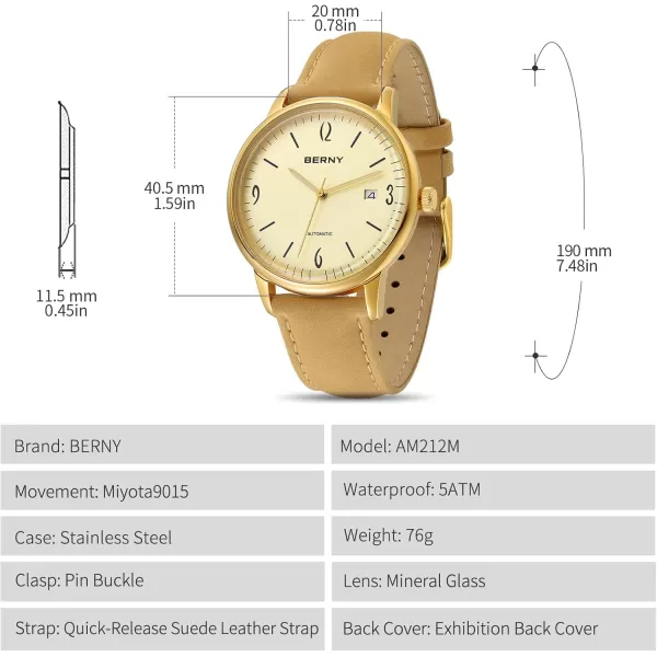 BERNY Mens Automatic Watch Mechanical Wristwatch 5ATM Waterproof Male Dress Watches Manual Winding Watch Calendar Aperture Sunray DailYellow