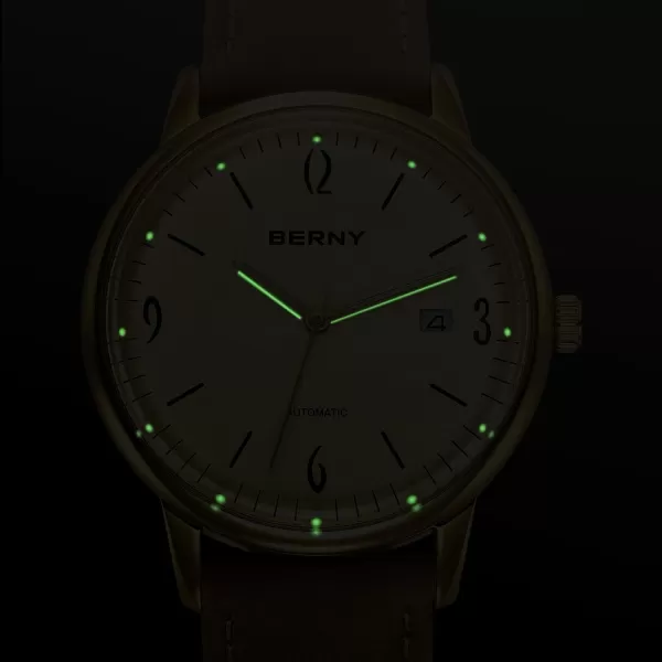 BERNY Mens Automatic Watch Mechanical Wristwatch 5ATM Waterproof Male Dress Watches Manual Winding Watch Calendar Aperture Sunray DailYellow