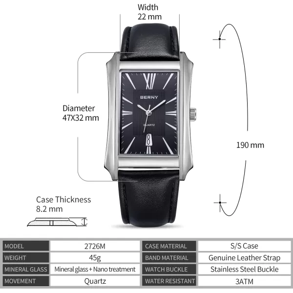 BERNY Mens Business Casual Quartz Watches Stainless Steel Case with Leather Strap Rectangular Watches for Men Black White Grey Rose GoldBlack