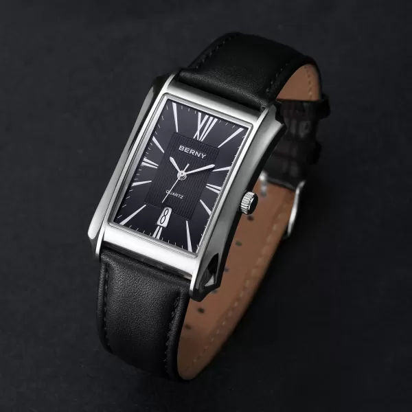 BERNY Mens Business Casual Quartz Watches Stainless Steel Case with Leather Strap Rectangular Watches for Men Black White Grey Rose GoldBlack