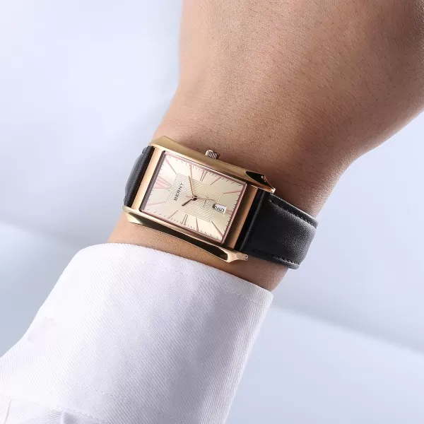 BERNY Mens Business Casual Quartz Watches Stainless Steel Case with Leather Strap Rectangular Watches for Men Black White Grey Rose GoldRose Gold